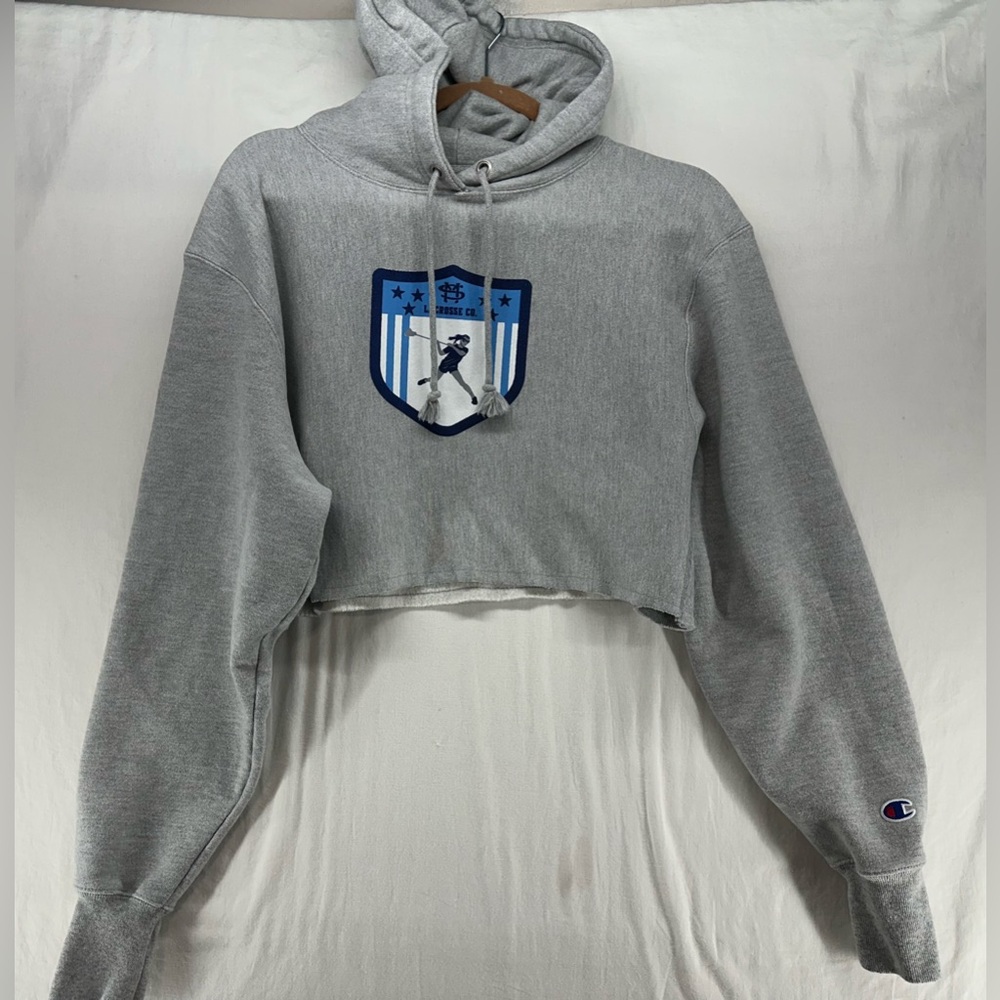 Champion Reverse Weave LaCrosse‎ Hoodie Small Sweatshirt Gray Altered To Crop